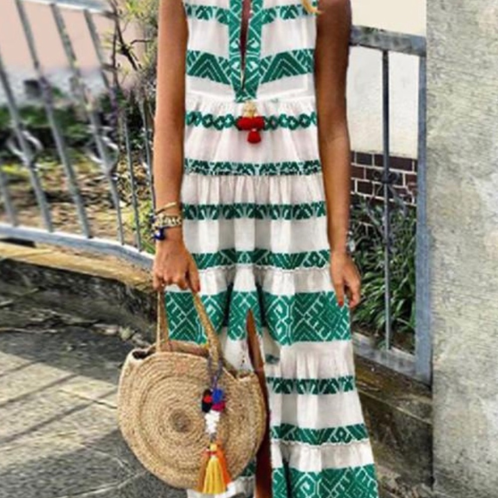 Brand new White Maxi Dress with Green Design